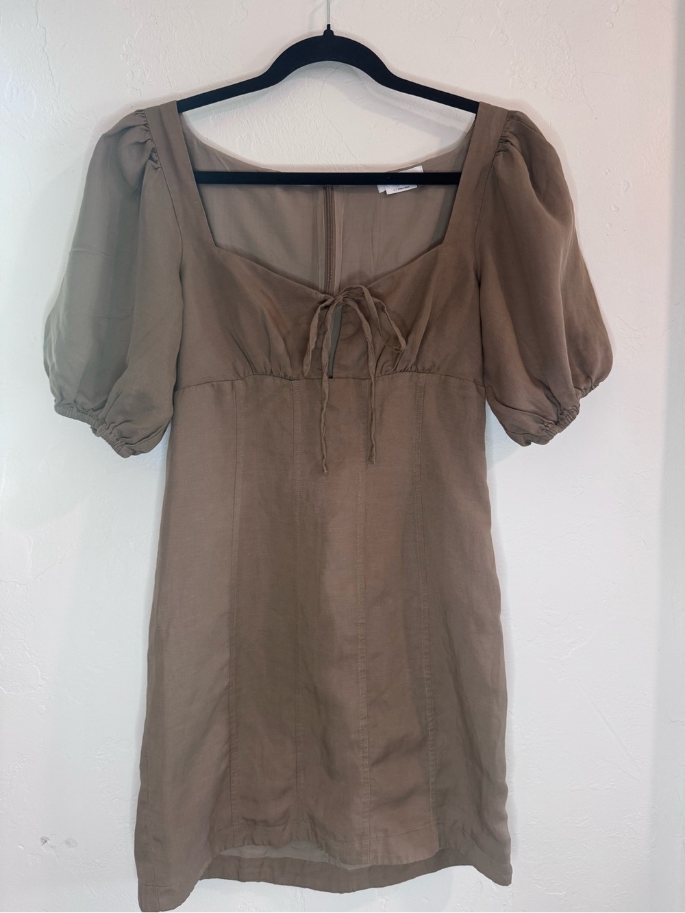 Revolve Lovers+ Friends Kacey Olive Green Linen Puff Sleeve Mini Dress Tie Front